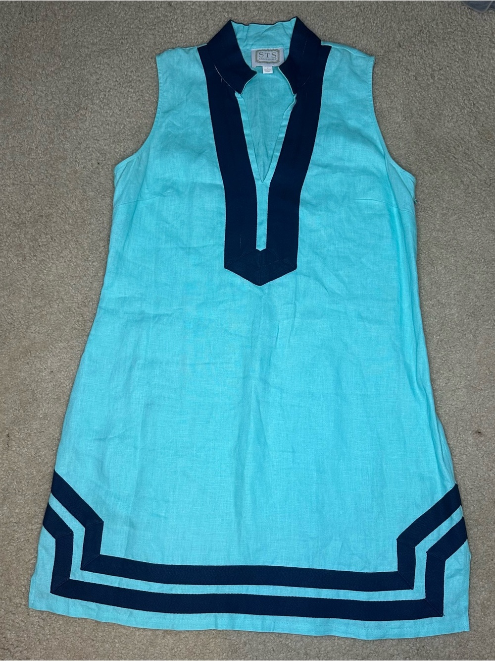 Sail to Sable Classic Linen Tunic Dress Aqua and Navy 100% Linen Size Large